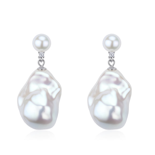 Dual CZ Bold Baroque Pearl Earrings